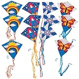Assorted Flying Kite Pack by Fun Express - 28 x 28 with 54 in Tails - Assorted Styles and Colors - 200 feet of String with Handle - 12 Pieces
