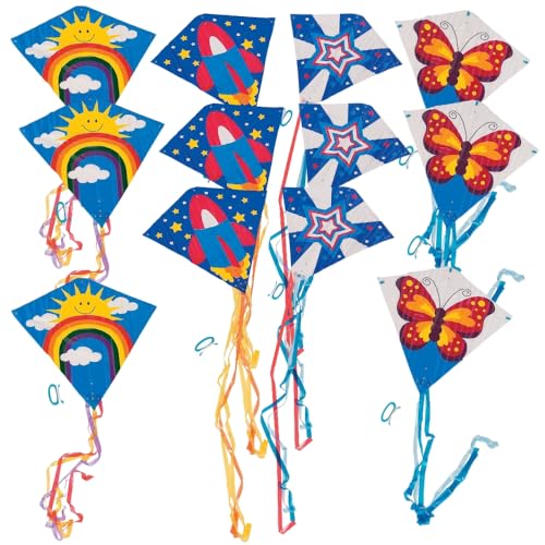 Assorted Flying Kite Pack by Fun Express - 28 x 28 with 54 in Tails - Assorted Styles and Colors - 200 feet of String with Handle - 12 Pieces