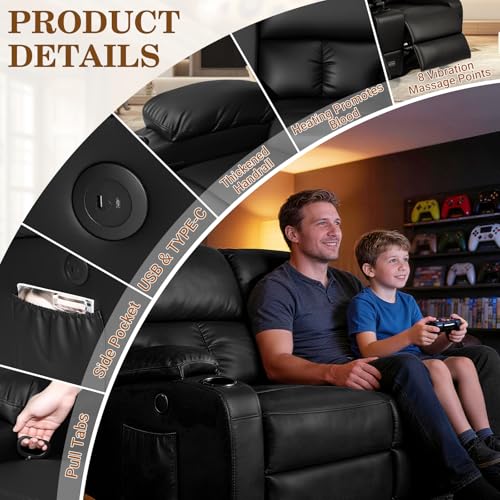 Image of CHABATREE Home Theater Seating,RV Recliner Sofa with Massage and Heat,Manual RV Recliner Loveseat with USB /Cup Holders and Side Pocket for Living Room,2 Seater Black