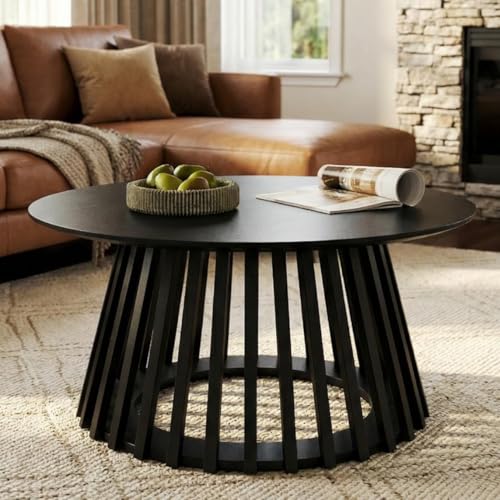 Image of HNY Black Round Coffee Table, Wood 31.5 inch Center Table for Living Room | Modern Mid Century Circle Coffee Table with Fluted Base for Outdoor Patio, Home Small Space, Bedroom, Apartment, Studio