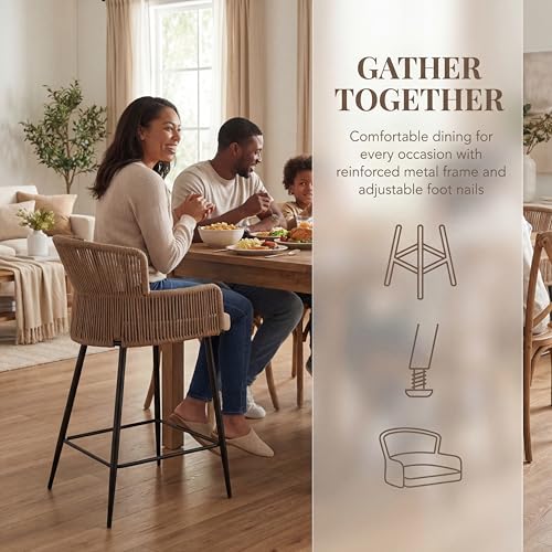 Image of HNY Farmhouse Woven Bar Stools Set of 4, 26 Inch Linen Upholstered Rattan Barstools with Curved Backs, Modern Cane Counter Height Bar Chairs with Metal Legs and Armrest for Kitchen Island, Beige