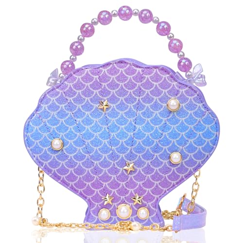 LSSAGOON Shells Little Girl Crossbody Purse for Toddler Kids,Cute PU Fish Scale Pattern Glitter Small Shoulder Handbag,Fashion Pearl Princess Clutch Bag,Gifts for Birthday Xmas
