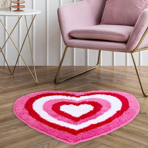 JarThenaAMCS Valentine Day Bath Rug Red Pink Heart Shape Tufted Bath Mat Non Slip Shower Rugs Front Door Mat Carpet Floor Rug for Home Kitchen Living Room Bedroom Bathroom Decor
