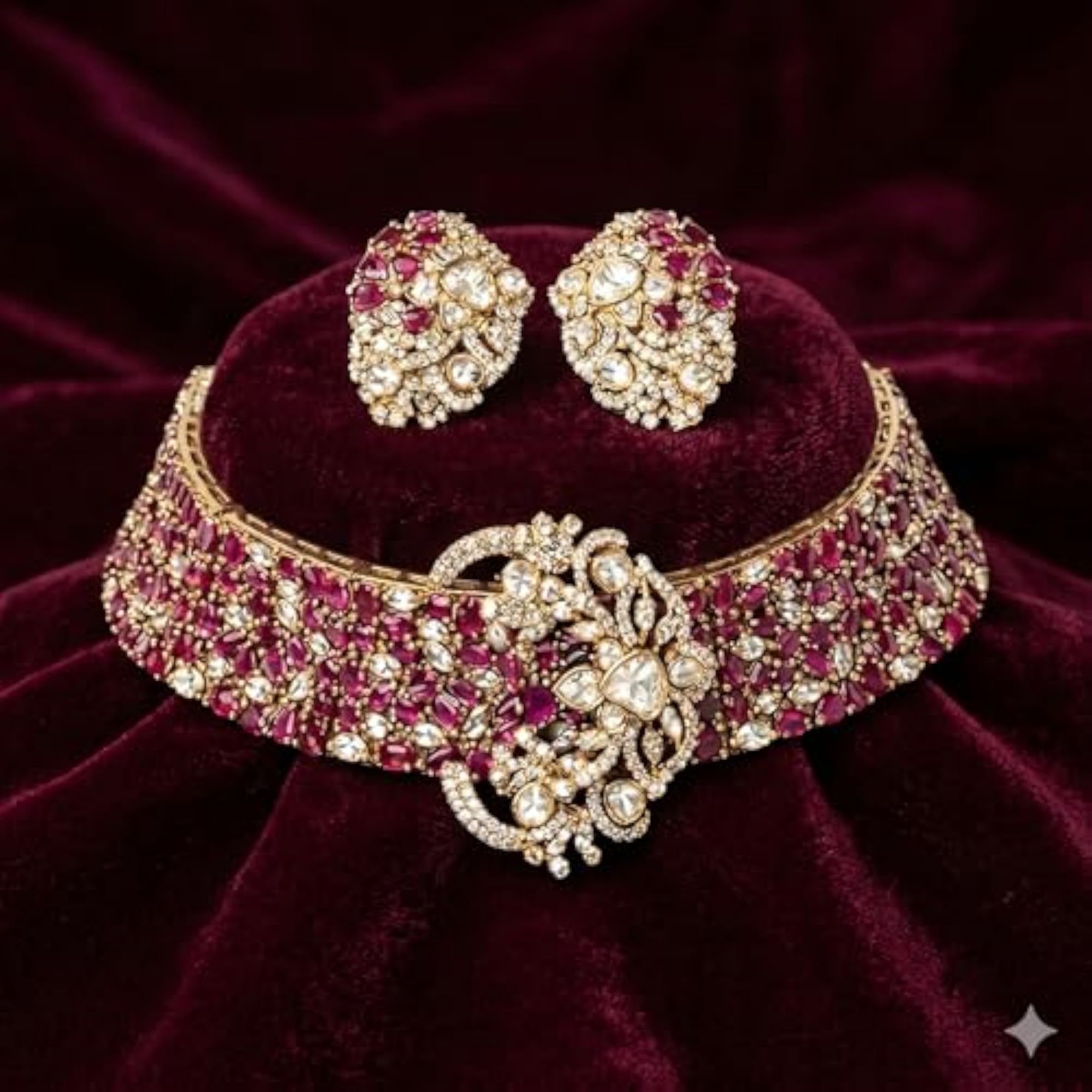 Traditional Ruby & Polki Gold-Plated Choker Necklace Set with Earrings