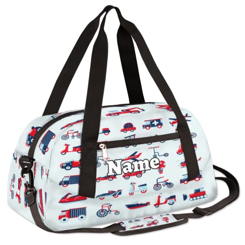 Transportation Cars Custom Name Kids Duffel Overnight Bag for Little Boys Girls Teen, Cute Cartoon Tie Dye Pattern Personalized Small Gym Sport Duffel Bag, Customized Kids Gifts3
