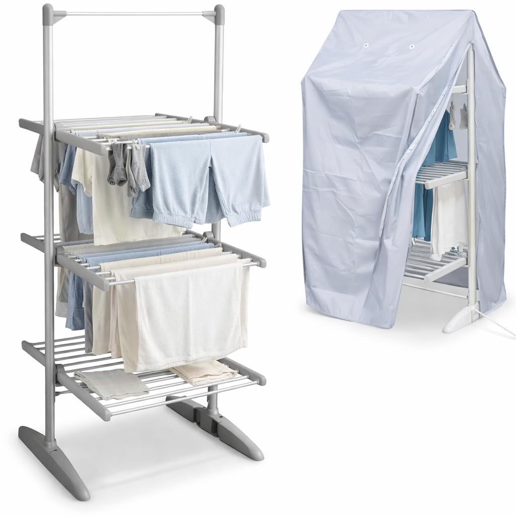 Homevibe Silver 3-Tier Electric Heated Clothes Airer With Foldable Design & Cover – 300W Energy Efficient Indoor Dryer Rack, Lightweight, Large Drying Space, Ideal For Laundry, Towels & Bedding