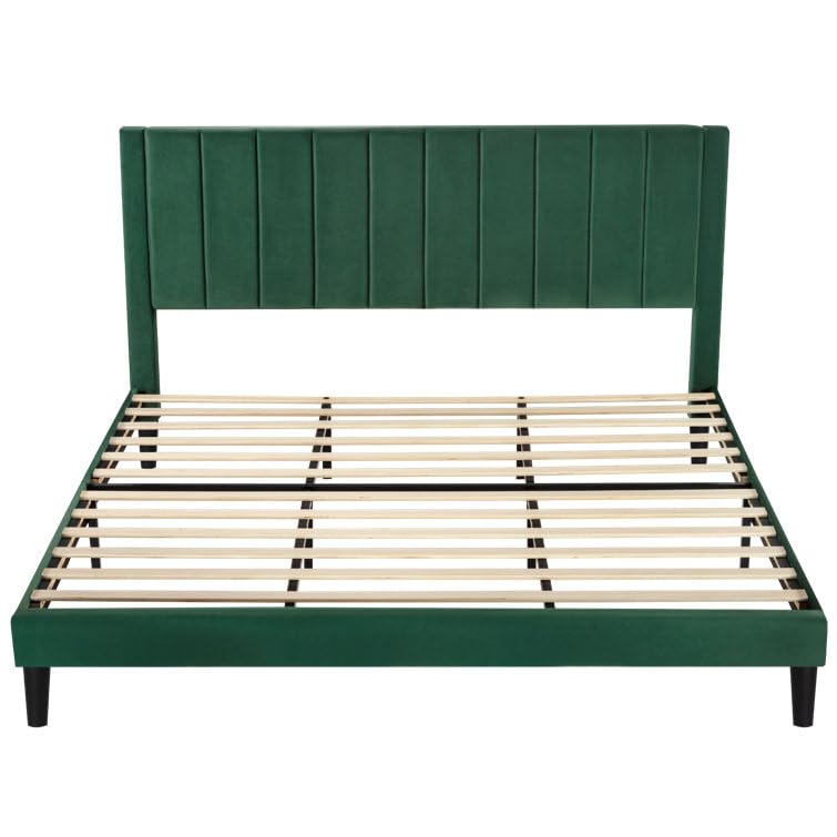 Image of HITHOS Modern Upholstered King Size Bed with Wingback Headboard | Wooden Double Bed Cot Palang Without Storage for Living Room Home Bedroom (Green) 1 Year Warranty