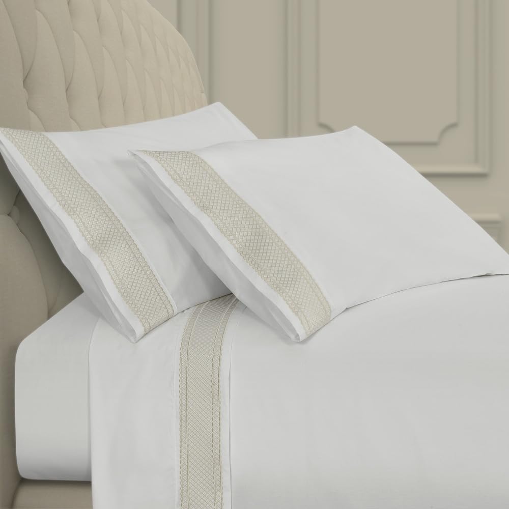 4-Piece Traditional Embroidered 500TC Ivory White Bed Sheets Set Queen Size Medallion Pattern Hotel Designer Style Boho Bedding
