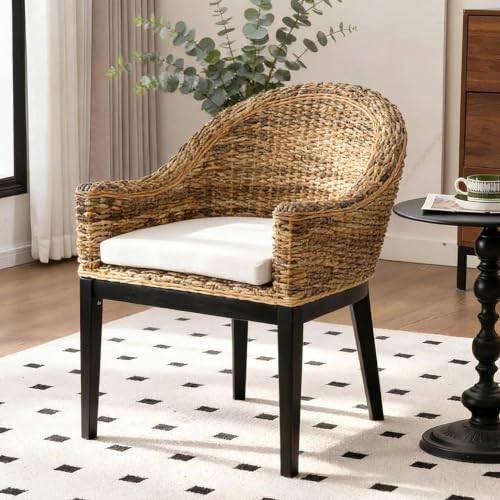 DUHOME Rattan Accent Chair - Modern Armchair with Natural Rattan Armrest Black Solid Wood Legs & Inset Beige Cushion Leisure Chair for Balcony Living Room