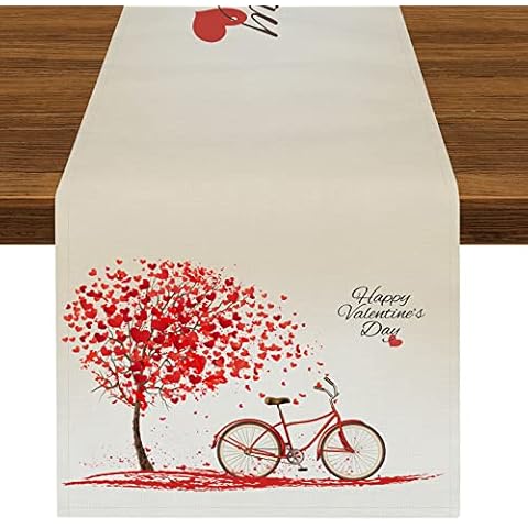 Valentines Day Table Runner Love Tree Bicycle Table Runners 72 Inches Long for Kitchen Dining Table Decoration Holiday Party Indoor Outdoor Decor Cover