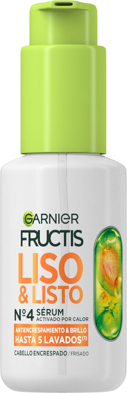 Garnier Fructis Rutina Liso Keratina para cabello encrespado: Champú + Acondicionador + Mascarilla + Sérum activado por calor Liso & Listo