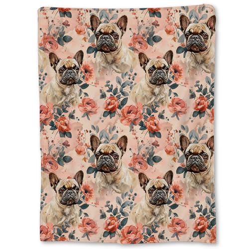 Charming French Bulldog & Floral Blanket - Soft Lightweight Cozy ...