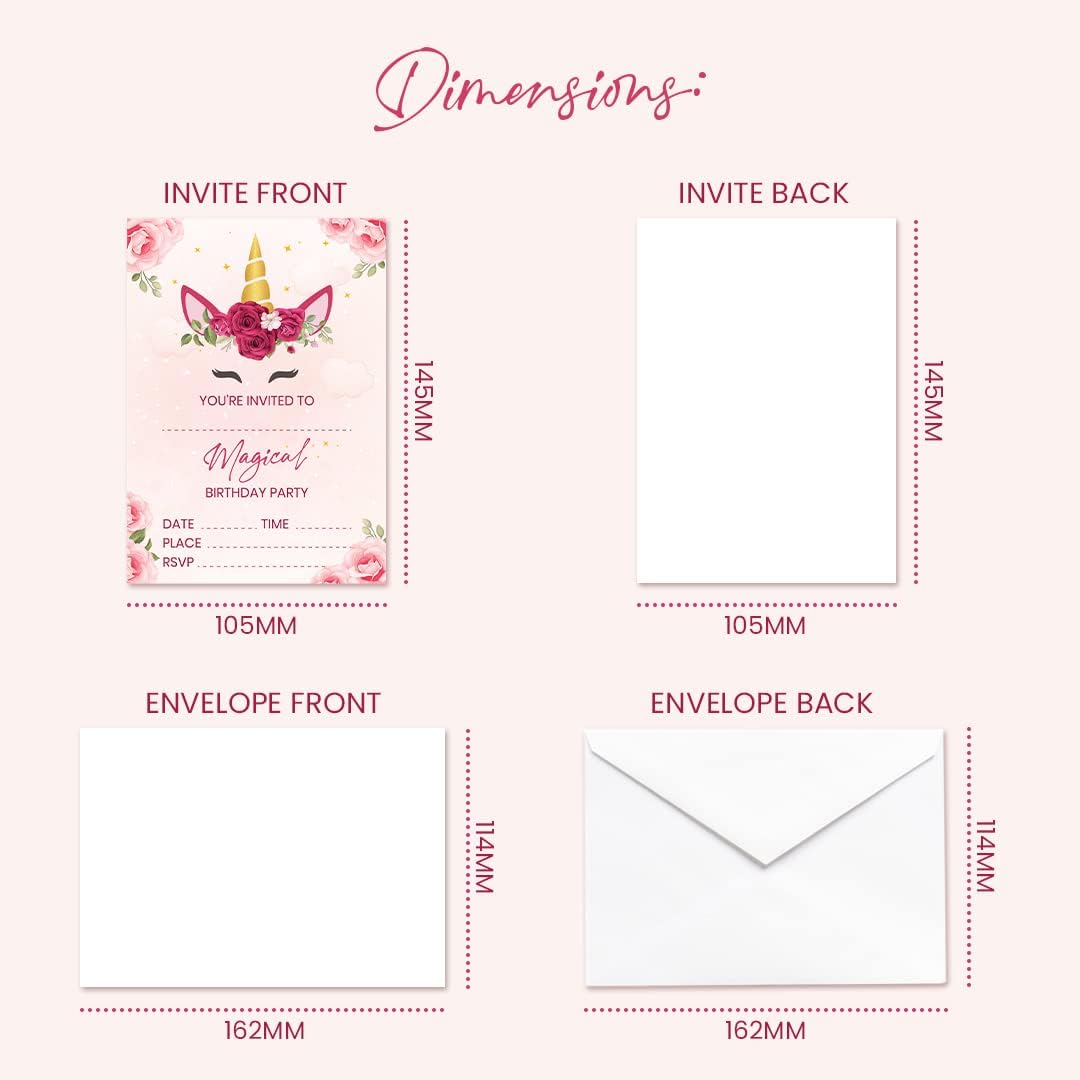 Kirsten McMillan 32 Flower Unicorn Birthday Party Invitations for Kids with Envelopes - Image 5