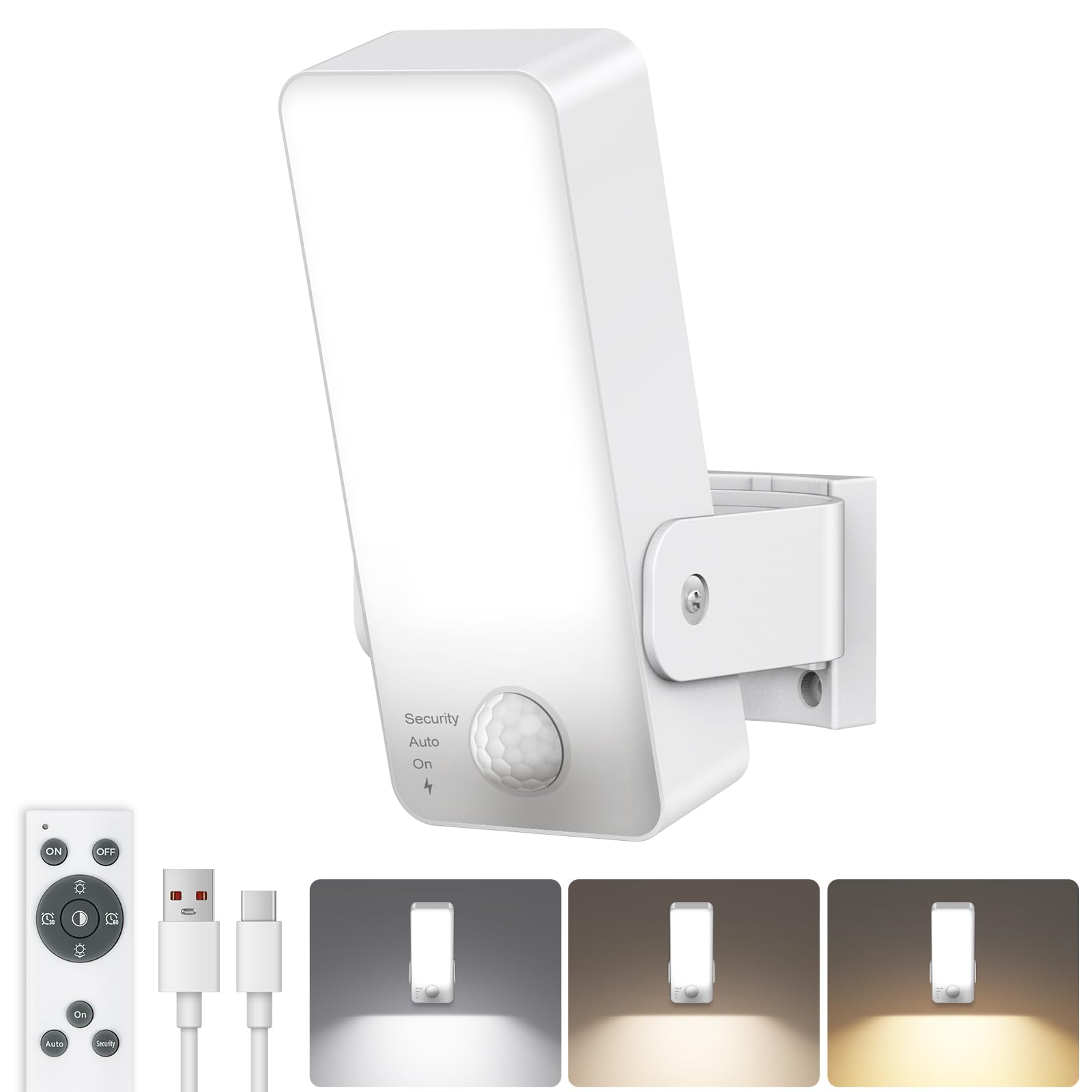 Außenlampe mit Bewegungsmelder, 10000mAh Akku Aussenlampe mit Bewegungsmelder, Fernbedienung, 3 Modi, 3 Lichtfarben, IP65 Wasserdichte Außenleuchte für Veranda, Garage, Terrasse, Hof, Haustüren - Weiß