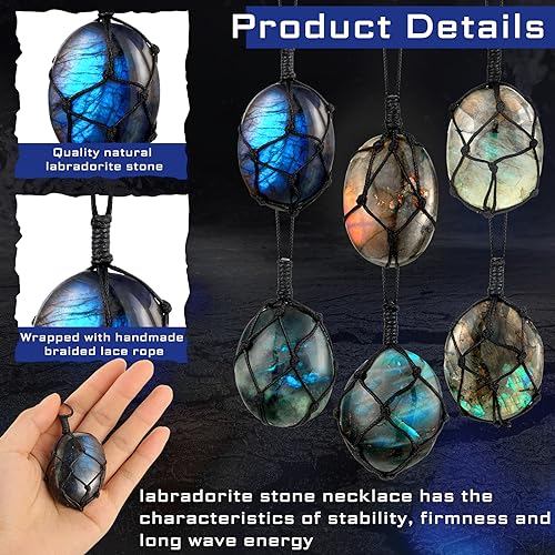 6 Pcs Labradorite Dragon Heart Necklaces Natural Crystal Pendant Wrap Braid Jewelry Stone Labradorite Crystal Colorful Jewelry Necklace for Women Men Gifts3