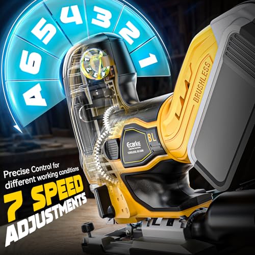 Image of Ecarke Cordless Jig Saw Compatible With Dewalt 20V, Brushless Motor 3800RPM, 7 Speeds Dial Control, Free-Tool ±45 Bevel Cuts, 4 Orbital Action, Dust Blows and 6 Blades For Cutting, Tool Only