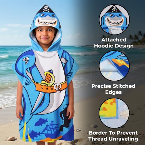 Image of Kids Poncho Towel 120x60 CM, Shark Pirate, Aqua Blue