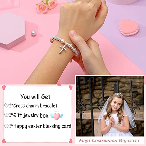 Image of MollyQueen First Communion Gifts,Baptism Gifts,First Holy Communion Pearl Bracelet,Confirmation Gifts for Women,Catholic Gifts,Cross Bracelets Religious Jewelry Gifts