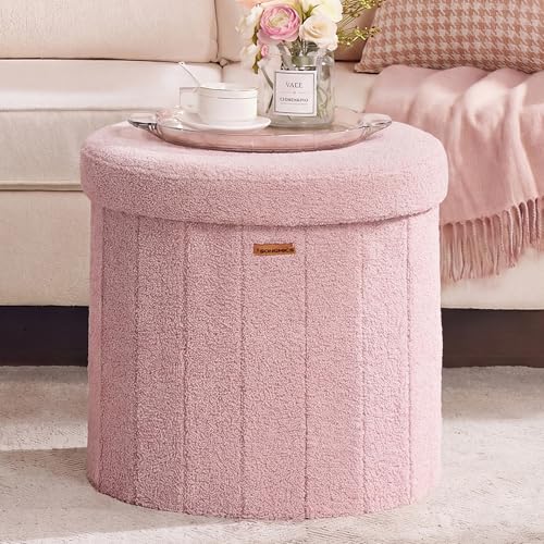 SONGMICS Mazie Collection - Round Storage Ottoman, Folding Footrest Stool with Removable Lid, Easy Assembly, Teddy Fleece Vanity Stool for Bedroom, Living Room, Entryway, Jelly Pink ULSF606R01 SONGMICS Mazie Collection - Round Storage Ottoman, Folding Footrest Stool with Removable Lid, Easy Assembly, Teddy Fleece Vanity Stool for Bedroom, Living Room, Entryway, Jelly Pink ULSF606R01 - Image 1