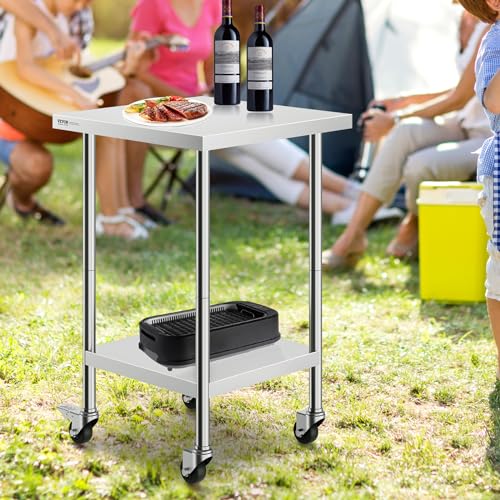 Image of VEVOR Stainless Steel Work Table 24 x 24 x 38 Inch, 700 LBS Load Capacity with 4 Wheels, 3 Adjustable Height Levels, Heavy Duty Food Prep Worktable for Commercial Kitchen Restaurant, Silver