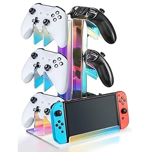 NiHome Iridescent Acrylic 3-Tier Game Controller Holder Headset Stand for PS5 Xbox ONE Switch, Universal Game Controller Organizer Stand Anti-Slip Stable Gaming Accessories Stand (White Base)