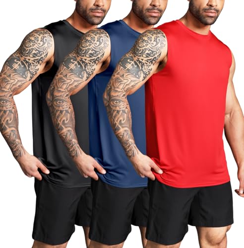 Boyzn Tank Top Herren 3er Pack Training Fitness Bodybuilding Tankshirt Schnelltrocknendes Muskelshirt Ärmellos Weste für Men Black/Navy/Red-3P02-XL