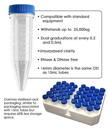 Chemglass 5mL Centrifuge Tubes, Screw Ca; 5mL Centrifuge Tubes, Screw Cap, Sterile, Caps Attached, 10 Foam Racks of 50, Pack of 500