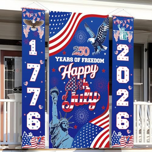 4th of July America 250 Decorations Outdoor Banner 3 Pcs USA 250th Anniversary Banner 1776-2026 Patriotic Porch Decor America 250 Fourth of July Red White Blue Door Cover for July 4th