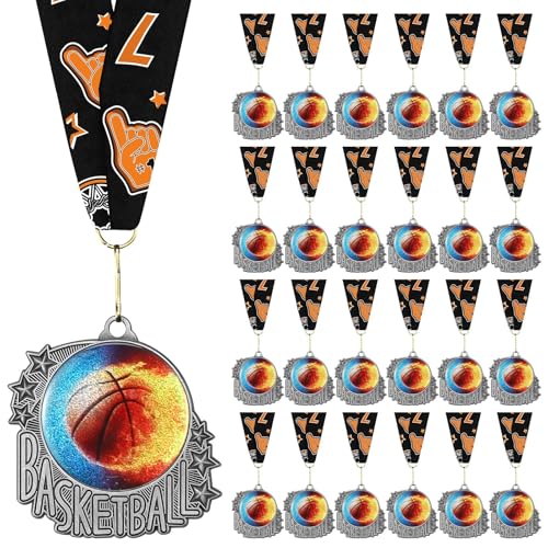 Seenelling 24 Pcs Basketball Medals Bulk Silver Basketball Award Medals Metal Sport Ball Trophy with Neck Ribbon Prize Gift for Sports Game Participation Themed Party Favors