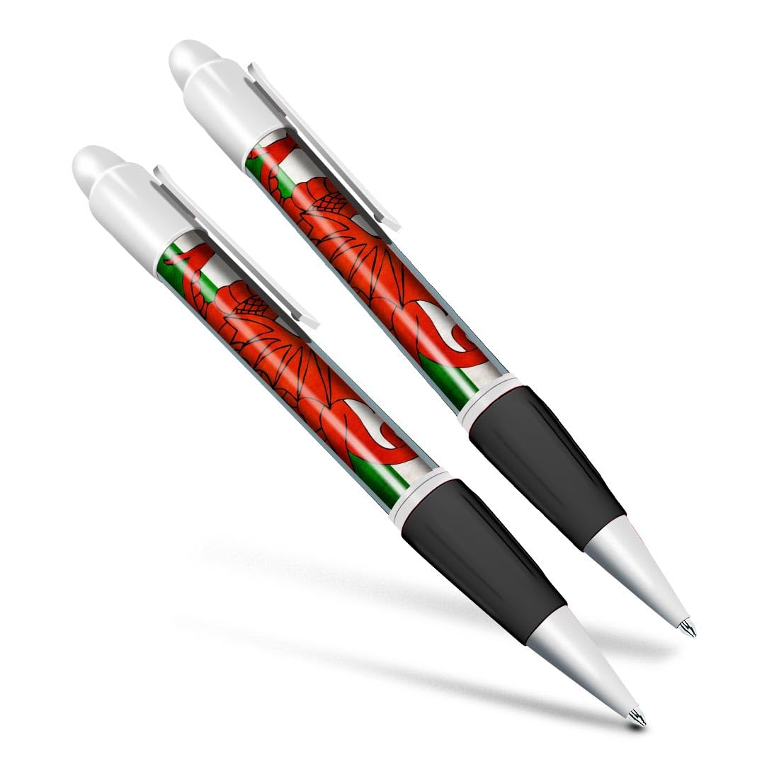 Set of 2 White Ballpoint Pens (Photo Insert) - Distressed Wales Welsh Dragon Flag - Soft Feel Finger Grip #56016