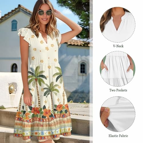 Image of Women's Casual Ruffle Sleeve Dress V Neck Pullover Dress Flowy A-Line Pleated Lightweight Dress with Pockets