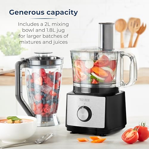 Tower T18008BLK Multi-Function Food Processer & Blender with 2L Mixing Bowl, 1.8L Jug, 2 Speed Settings & Pulse Function, 750W, Black