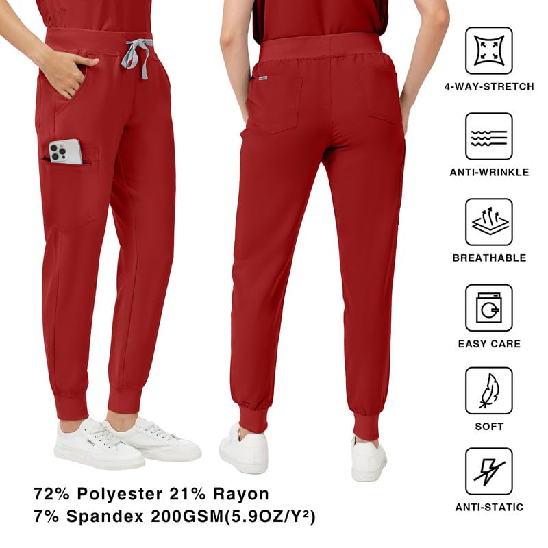 Image of Kitmaz Scrub Pants for Women - Mid Rise 4-Way Stretch Anti-Wrinkle Slim Fit Jogger Pants, Drawstring & 5 Pockets