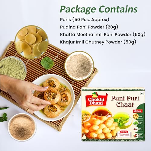 Image of Chokhi Dhani Pani Puri Chaat Kit | Complete Golgappa /Puchka Kit | Pudina Pani, Imli & Khajur Imli Mix | Ready to Eat Street Food Snack | Easy Instant Chaat at Home (Pack of 1)