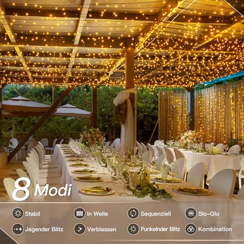 Hopexy Lichterkette außen 20 m 200 LEDs Lichterkette Weihnachtsbaum Weihnachtsbeleuchtung innen mit Fernbedienung Timer, 8 Modi IP44 wasserdicht für Garten Balkon Party Hochzeit Tannenbaum(warmweiß)