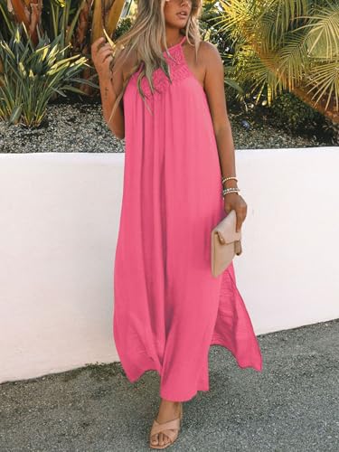 Image of FARORO Sleeveless Long Dress for Women Boho Halter Maxi Sundress Casual Loose Dresses Split Cover Up Gown with Pockets