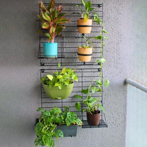 Meshable Grellis Grid Stylish Steel Wall Mounted Plant Stand Holder Hanger Rack, Wall Mounting Planter Stand For Living Room Hanging Pots in Balcony Garden, Indoor Outdoor Decor - (Black, Set of 2)