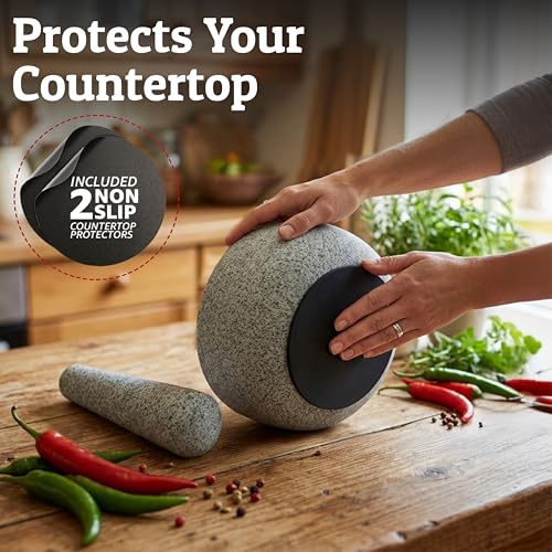 Priority Chef Heavy Duty Large 2 Cup Mortar and Pestle Set, 100% Natural Granite, 6.3 Inch Diameter Bowl, 6.5 Inch Pestle, Non-Slip Base, Stone Grinder for Guacamole Salsa Pesto Herbs Spices, Grey by Priority Chef - Image 4