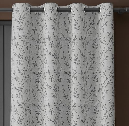 Image of Yellow Weaves 1 Pc Jacquard Leaf Eyelet Long Door Curtain - Perfect for Home, Office, Bedroom, Living Room & Balcony - 7 Feet (Silver)