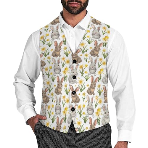 Beautiful Flowers Bunny Men's Suit Vest Waistcoat Vests Formal Dress with 2 Pockets for Business Casual Tuxedo