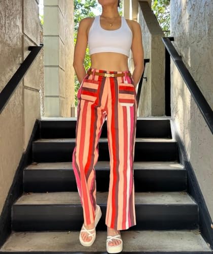 LifeShe Womens Striped Pant Casual High Waisted Straight Leg Denim Pants Trouser2