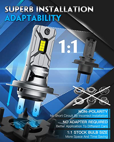 Novsight 2023 H7 Led Headlight Bulb, 12000Lm Non-Polarity Wireless 1:1 Size High Low Beam H7 Fog Light Bulb, 6500K 300% Bright All-In-One H7 Led Conversion Kit, No Adapter Required Halogen Replacement #TOP3