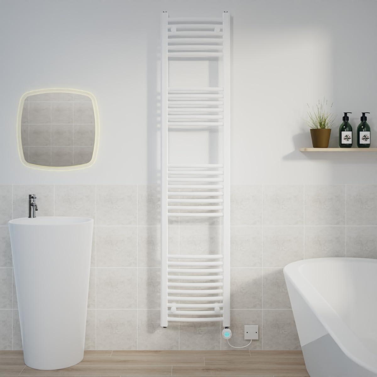 Warmehaus Electric Heated Towel Rail Curved White Thermostatic Bathroom Towel Radiator with Timer - 1800x400mm 800W