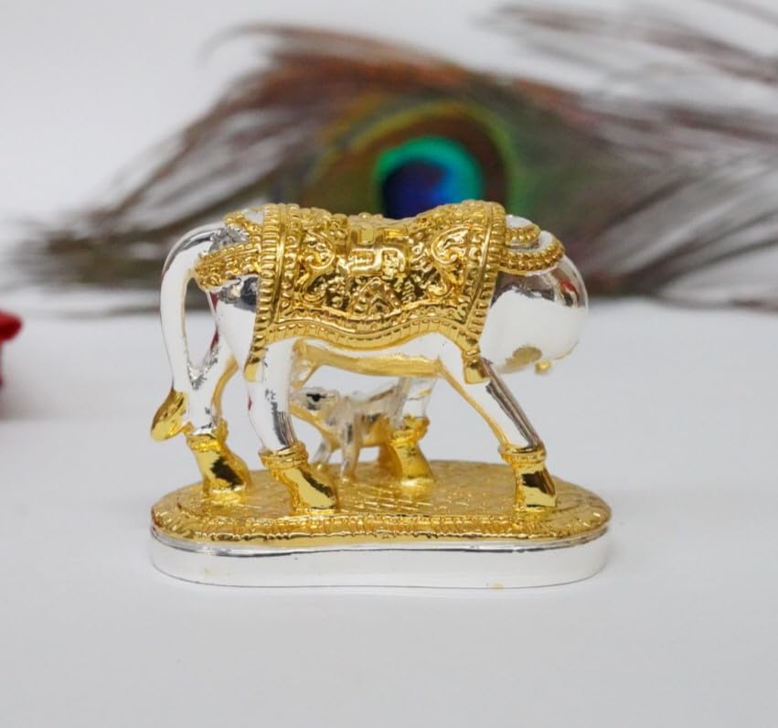 Om Kamdhenu cow con ternero dorado y plateado 2.2 pulg miniatura 2