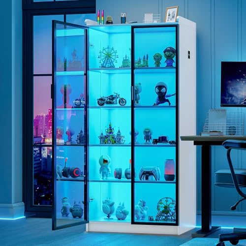 Lvifur Vitrinenschrank Weiss Sideboard, 35 × 70 × 165 cm Smart Vorratsschrank mit RGB 3 Farben Dimmbares Buffetschrank Intelligente Sensorik Vitrine Weiß
