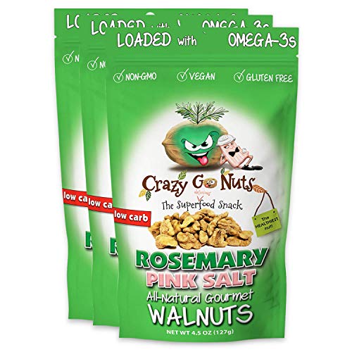 Crazy Go Nuts Walnuts Rosemary Pink Salt - Glazed Walnuts, Healthy Snacks, Vegan, Gluten Free, Superfood-Natural, Non-GMO, ALA, Omega 3 Fatty Acids, Good Fats, and Antioxidants - 4.5 Oz, 3-Pack