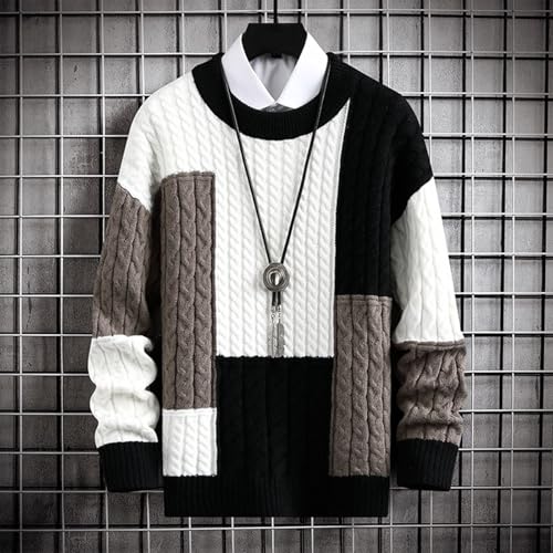 Unisex Mens Vintage Patchwork Cable Knit Sweater Casual Mockneck Colorblock Pullover Sweaters Fashion Jumper Sweater3