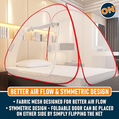 Image of Supreme On Single Bed Mosquito Net with Pocket for Mobile, Spectacles; 6.5 Feet x 4 Feet Premium Machardani, Strong and Durable, 30 GSM, Tent Type, Foldable, Corrosion Resistant, Red Color