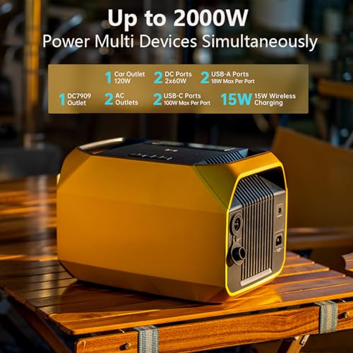 Portable Power Station - 1013Wh EV-Class Li-ion Battery/ 1 Hour Fast Charging, Up to 2000W Output Solar Generator (Solar Panel Optional) for Outdoor Camping/RVs/Home Use(Yellow) - Image 3