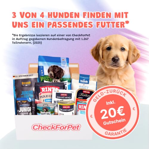 CheckForPet Hundefutter Probierpaket Junior – Welpenfutter Probierbox für Welpen & Junghunde mit Nassfutter und Trockenfutter, Hundefutter trocken & nass von Top-Marken, Geschenkidee